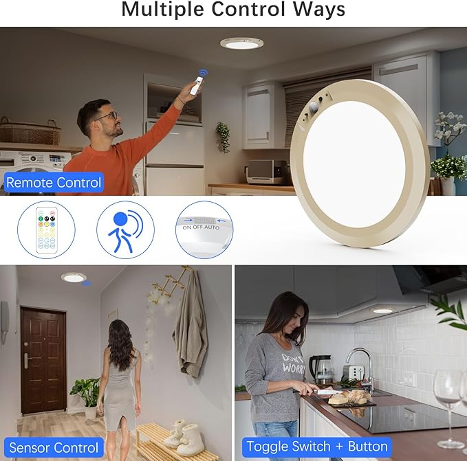Battery Operated LED Celling Lights Fixture with Auto Motion Sensor, Smart Body Sensor Ceiling-mounted Lamps with 3 Colors/Brightness, Motion Detection Magnetic Celling Lights for Closet Shower-Gold