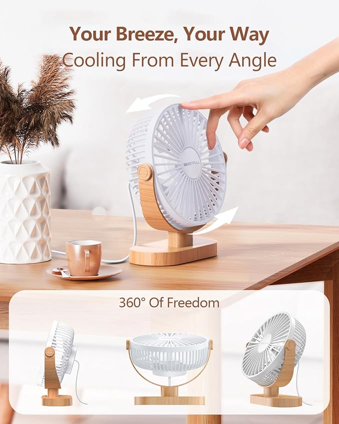 SWEETFULL Small USB Desk Fan 6.5 Inch, 3 Speeds Portable Personal Desktop Table Fan, Dual 360° Adjustment Mini Fan, Quiet Operation, for Home Office Car Outdoor Travel (White wood grain)