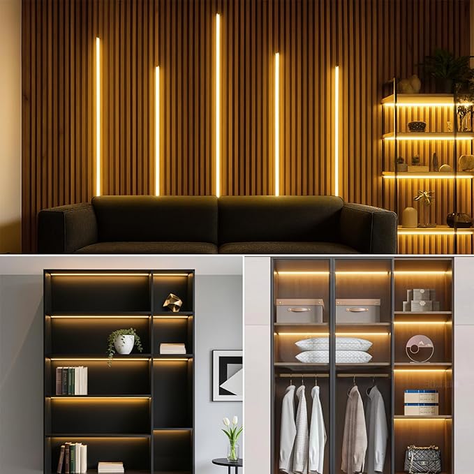 6-in-1 Black PCB COB LED Strip Light,12V Touch Dimable LED Recessed Lighting Kit,3.3Ft Self-Adhesive Under Cabinet Lighting 3000K with 36W Adapter for Wood Slat Wall Panels, Headboards, Cabinet,Shelf