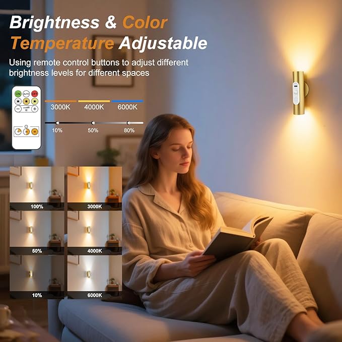 Battery Operated Wall Sconce Set of 2, Magnetic Stick on Wall Lights Motion Sensor Night Lights Indoor with Remote Control, Rechargeable Wireless Up and Down Wall Sconces, 3 Modes Dimmable, Aluminum