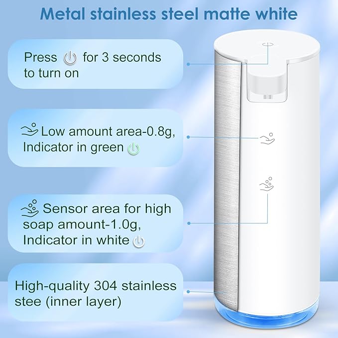 Automatic Hand Soap Dispenser Foaming: Touchless Soap Dispenser Stainless Steel - Free Touch Electric Soap Dispenser Rechargeable with Sensor for Bathroom, Commercial (White)