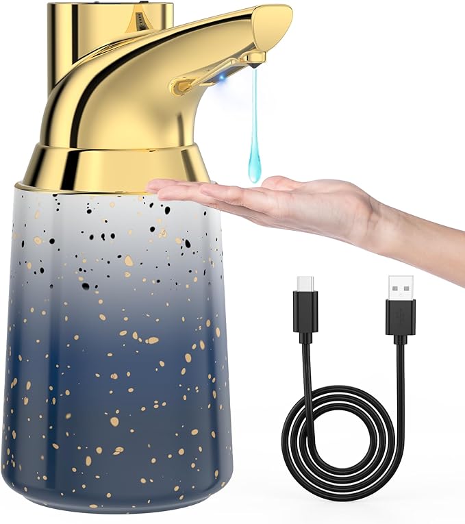 Adjustable Automatic Soap Dispenser Touchless, Ceramic Material，4 Adjustable Levels， Type-c Rechargeable Operated Sensor Liquid Soap Pump，Touch-Free Hand Sanitizer Dispenser (Starry Gold)