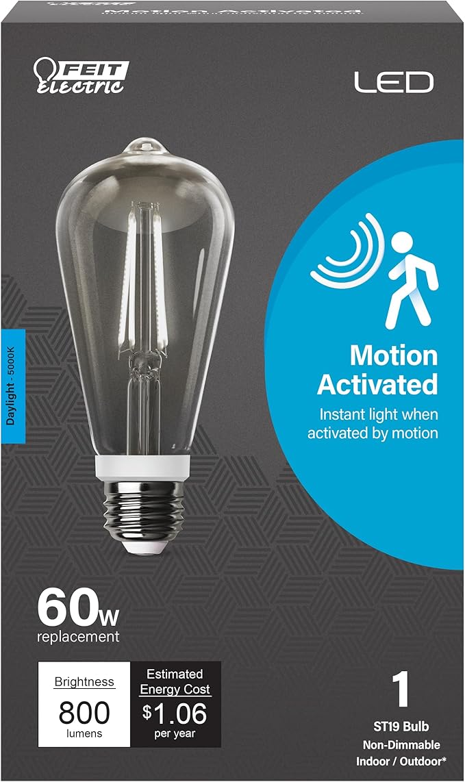 Feit Electric Indoor/Outdoor and Non-Dimmable LED Bulb with Exposed Filament and Motion Sensor Activation (Works in the Dark Only) ST19 on E26 Base, 60W Equiv, 5000K, Daylight - ST19CL950CA/MM/FILED
