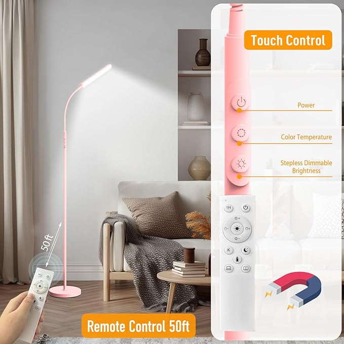 marctronic Pink LED Floor Lamp, 18W 1800LM Bright Floor Lamp with Remote & Works with Smart Plug, Dimmable Timing Eye Caring Reading Light Modern Standing Floor Lamps for Living Room Bedroom Office