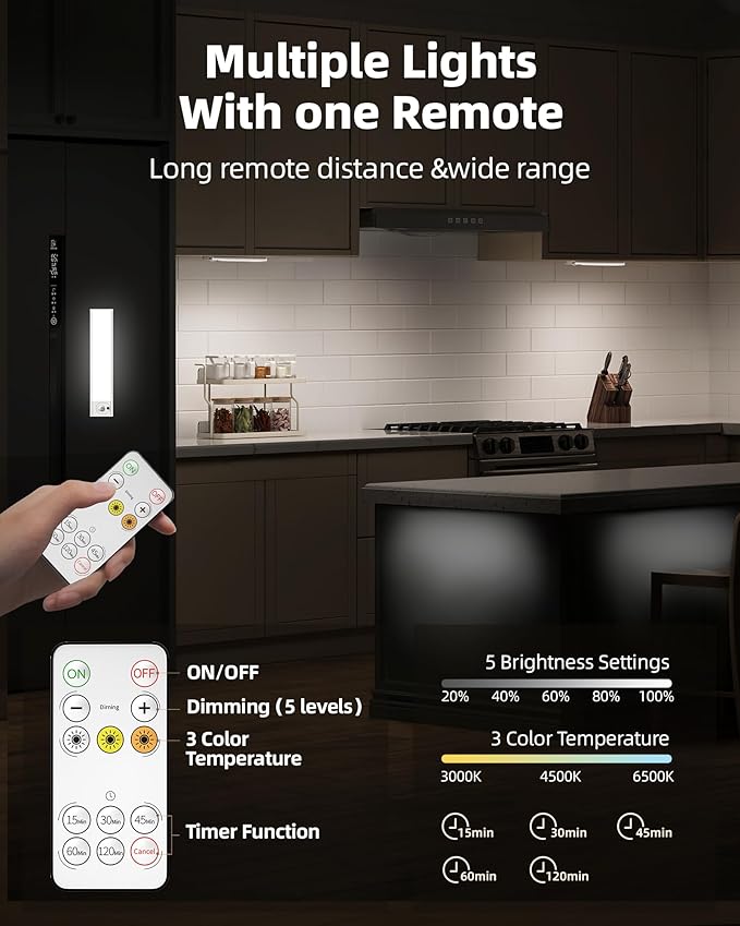 4Pack 7.8inch Under Cabinet Lighting, Rechargeable Motion Sensor Light Wireless Indoor, Dimmable 3 Color Temps Closet Lights with Remote, Under Counter Lights for Kitchen, Stairs, Bookshelf