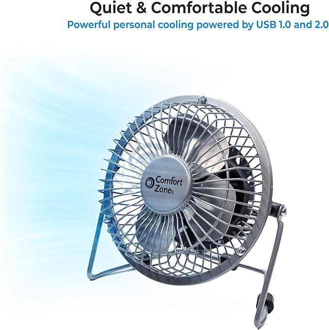 Comfort Zone 4-inch All-Metal Mini Desk Fan – High Velocity Portable USB Fan with 120V Wall Adapter, 360° Adjustable Tilt & Quiet Operation – Compact Electric Table Fan for Office, Home & Travel