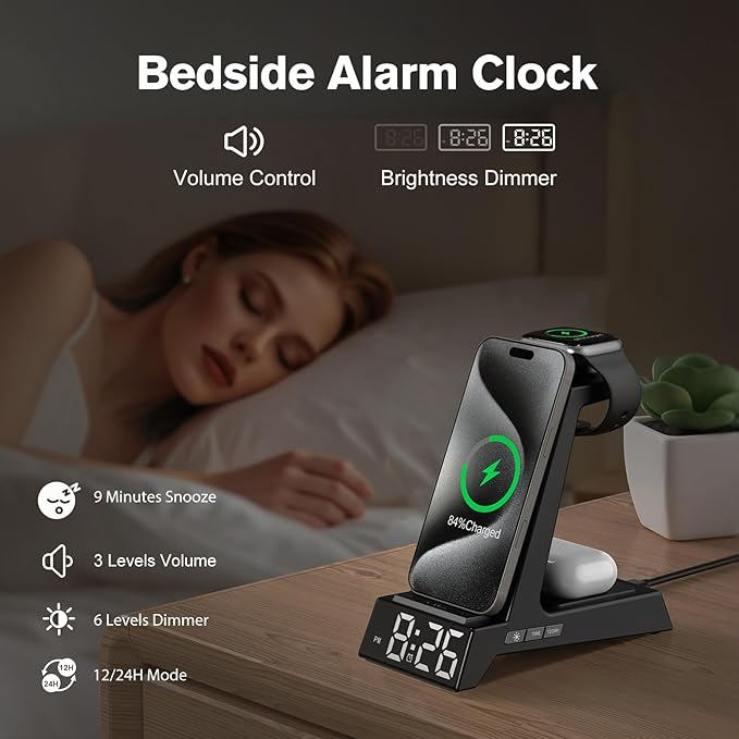 ANJANK 4 in 1 Wireless Charging Station Alarm Clock, Charging Dock for Apple Devices, Charger Stand for iPhone 17 Air 16 15 14 13 12 Series for Apple Watch 11 10 9 8 7 6 5 UItra/SE & AirPods, Dimmable