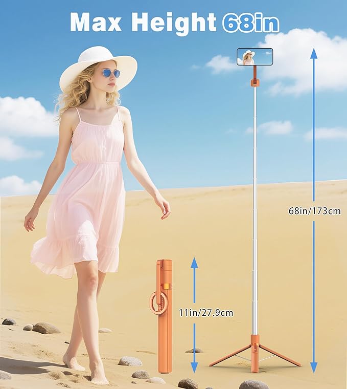 TONEOF 68" Magnetic Selfie Stick Tripod with Aluminum Strong Magnetic Holder for Magsafe, 360° Rotatable Travel Phone Tripod Stand with Metal Ring & Rechargeable Remote for iPhone/Android（Orange）