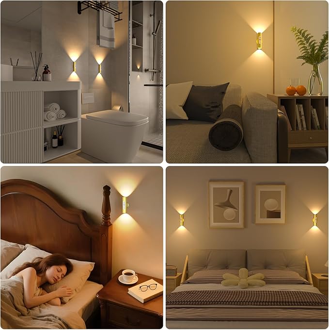 WOBSION Motion Sensor Wall Light with Remote Control, Rechargeable Wireless Wall Sconce, Brightness Adjustable, 3 Color Mode,Indoor Lamp for Hallway, Bedroom,Picture,LED,Gold,2 Pack