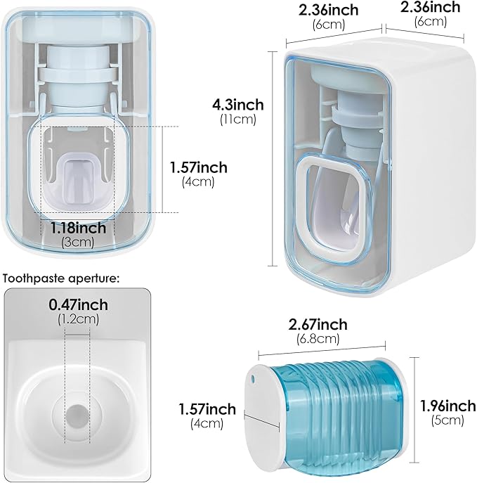 2 Slots Wall Mount Toothbrush Holder with Cover, Self Adhesive Toothbrush Storage Organizer for Shower, Toothbrush Hanger with Automatic Toothpaste Squeezer Dispenser(Blue)