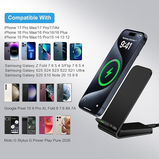 Samsung Galaxy S25 Ultra Wireless Charger Stand for Galaxy S26 S25 Edge S24 S23 S22 S21 S20 S10,15W 2Pack Phone Charger Wireless Android Charging Station for Google Pixel 10 9 8 7 Pro,iPhone 17 16 15