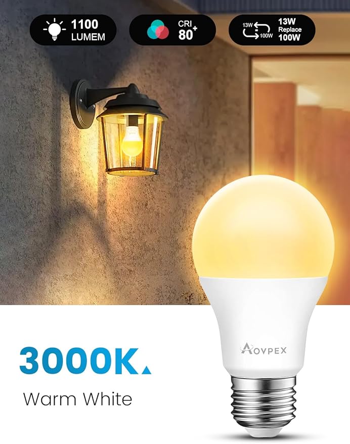 Dusk to Dawn LED Outdoor Light Bulbs, 13W 1100LM(100W Equivalent), A19 Sensor LED Bulb, E26 3000K Soft White Day Night Bulbs, Auto ON/Off, Sensor Lighting for Porch Garage Front Door, 4 Pack