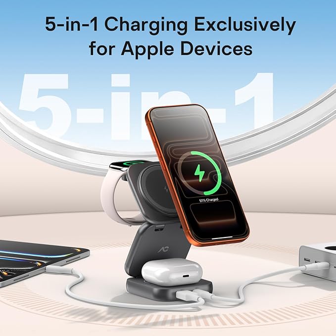 5-in-1 Wireless Charger for MagSafe, AC ISLAND Portable Travel Charging Station, 35W Max Qi2 Fast Foldable Magnetic Stand, Evolved for iPhone 17-12 Series, Apple Watch, AirPods (with 35W Adapter)