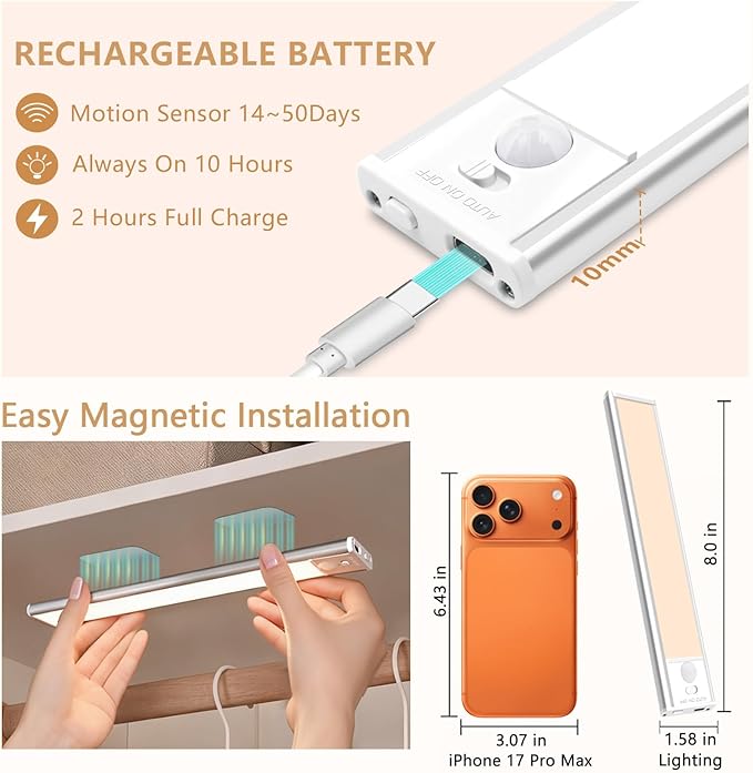 Bitrue Under Cabinet Lighting, 2Pack Rechargeable Magnetic Motion Sensor,Stepless Dimmable, 3 Color Temps, Wireless Lighting for Kitchen, Closet, Staircase (Silver, 2Pack-8inch)