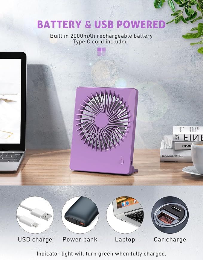 Zuvas Desk Fan Battery Operated Fan Rechargeable 180°Tilt Folding Personal Fan Ultra Quiet Small Portable 3 Speed Adjustable Strong Wind Fan For Office Bedroom Home Desktop Camping (Purple)