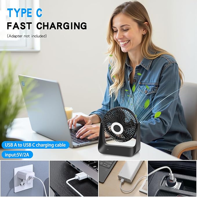 5000mAh Small Desk Fan 6-Inch, Portable Desktop Fan with Intelligent temperature control function,Small Battery Operated USB Fan with Light & Hook for Bedroom, Home, Office, Travel & Cruise