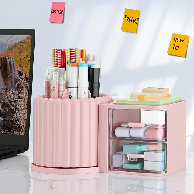 LETURE Rotating Office Desk Organizers and Accessories with 2 Drawer, Pencil Pen Marker Holder for Desk, Desktop Storage Organizers and Accessories for Office Home Art Supplies (Pink)