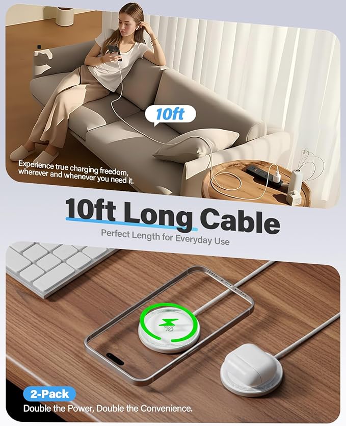 2Pack Magnetic Wireless Charger 25W Fast Charger for iPhone 17/16/15/14/13/12 Series & AirPods, Portable Wireless Charging Pad for Travel Home Office Desk, 10FT-White with Plugs