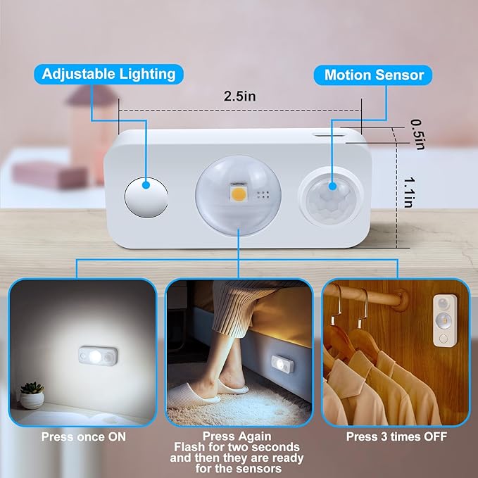 NIEGNOWOO LED Motion Sensor Puck Lights, Rechargeable Cabinet Lights, Stick on Wireless LED Night Light for Closet, Drawer, Shelf, Under Cabinet, Daylight White 8Pack, USB Charging Cord Included