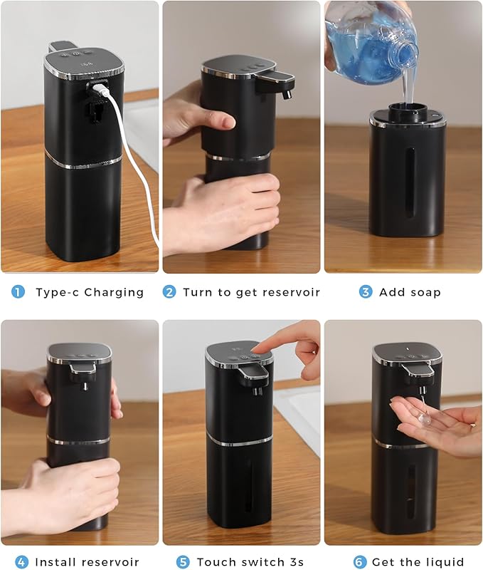 Automatic Liquid Soap Dispenser, 13.5oz/400mL, USB Rechargeable, 9-Level Adjustable, IPX5 Waterproof, Touchless & Wall/Tabletop, Compatible with Thick Thin Dish Soap for Kitchen Bathroom, Black