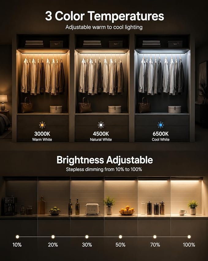 10inch Under Cabinet Lighting, 68 LED 3 Color Rechargeable Motion Sensor Light Indoor, 6 Levels Dimmable Magnetic Closet Lights, Wireless Under Counter Lights for Kitchen, Stairs, Bedroom, 4-Pack