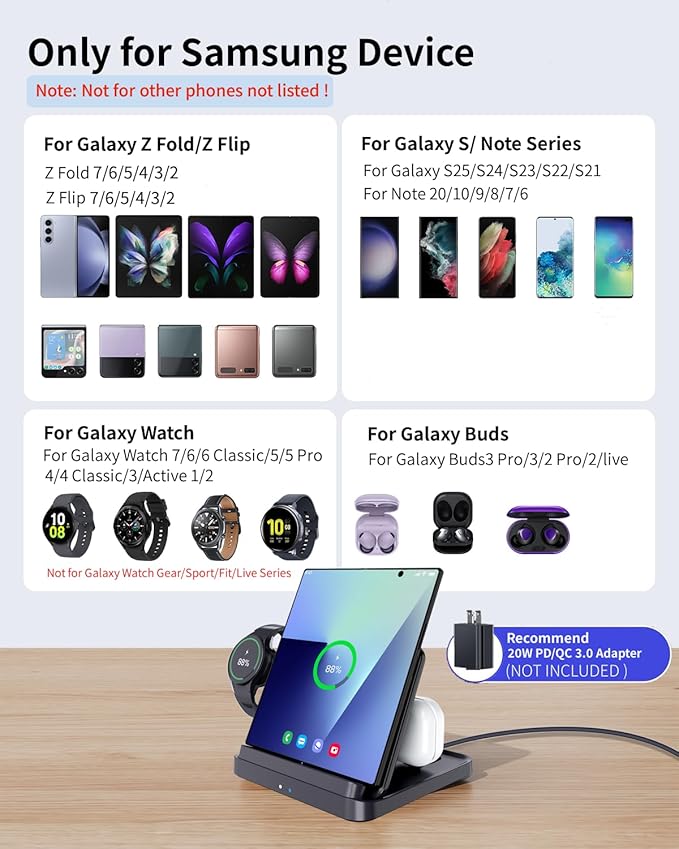 for Samsung Galaxy Z Fold 7 6 5 4 Wireless Charger Station, Foldable 3 in 1 Wireless Charging Stand for S26 Ultra S25 Flip 7 /Galaxy Watch/Galaxy Buds, Charger Stand Dock for Travel