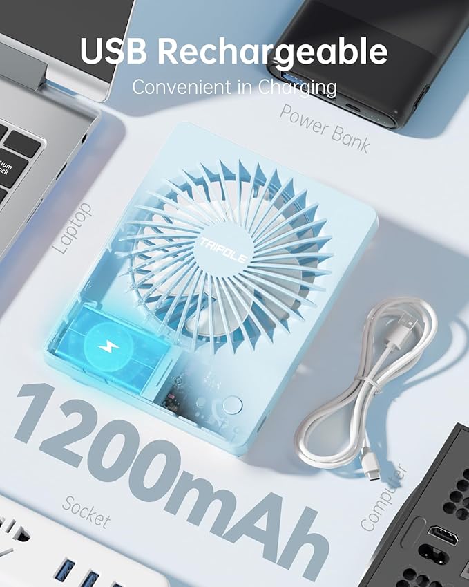 TriPole Mini Portable Desk Fan Rechargeable Ultra Quiet Small Fan 4.5 Inch Personal Travel Fan with 180° Tilt Folding and 3 Speeds Adjustable for Office Desktop Bedroom (Blue)