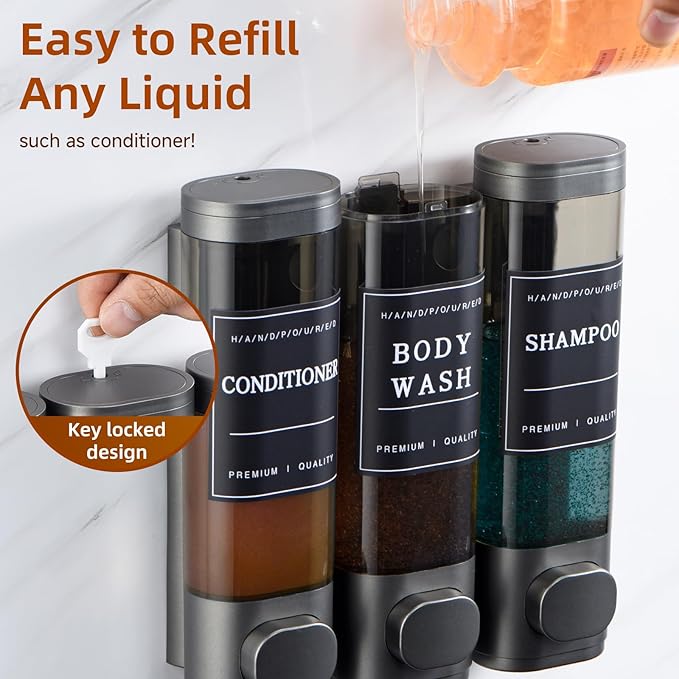 Shampoo and Conditioner Dispenser,Shower Soap Dispenser 3 Chamber No Drill Wall-Mounted Shampoo Dispenser for Shower Wall Mounted Shower Dispenser for Bathroom Hotel Large Capacity,Dark Gray1