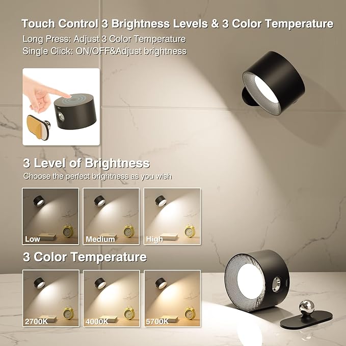 Deyagoo LED Wall Sconce, Wall Mounted Lamp with Rechargeable Battery Operated USB Port 3 Color Temperature & 3 Brightness Level 360°Rotate Magnetic Ball, Cordless Light for Reading Study Bedside