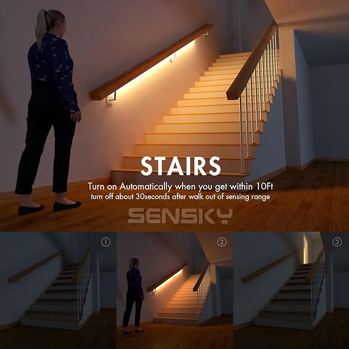 Sensky Motion Activeted LED Strip Lights Rechargeable Motion Sensor LED Strip Dimmable Cabinet Strip Lighting for Wardrobe, Gun Safe, Cabinet, Pantry, Closet (2M Black, Warm White)