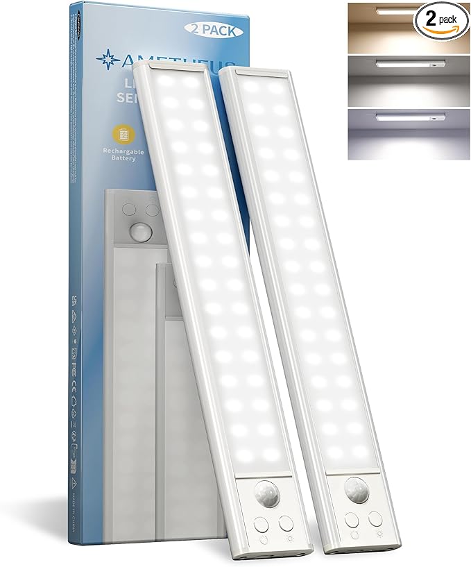 10inch Under Cabinet Lights, Wireless Closet Light, Motion Sensor, 1800mAh Rechargeable Battery, Magnetic, 3 Color Temps, 5 Levels Dimmable, Under Counter Lights for Kitchen (2 Pack)