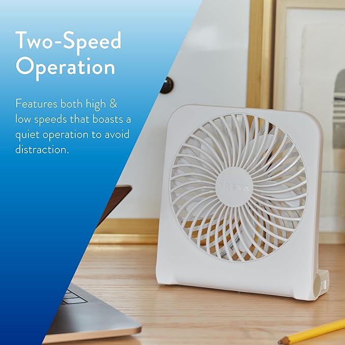 Treva 5-Inch USB and Battery Powered Desk Fan With Two Cooling Speeds and Adjustable Tilt, Small USB Fan Cubicle Accessories Durable and Long Lasting (White)