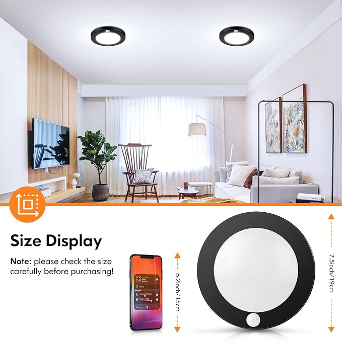 2-Pack Motion Sensor LED Ceiling Lights, 15W-100W Equivalent, 1200LM 3 Colors in 1(3000K/4000K/5000K), 7.5inch Black Flush Mount Lighting Fixture for Closet Room, Hallways, Laundry Room, Non-Dimmable