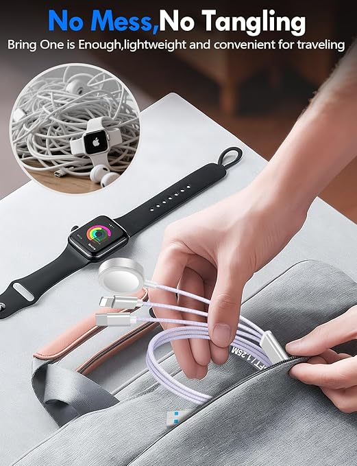 1Pack Multi Charging Cable Cord for Travel Essentials,Apple Watch Charger,iPhone Charger,[3-in-2] Type C/L Cable Portable Designed for iWatch,iPhone 17-8,Galaxy S25-21,AirPods,iPad-4FT Purple