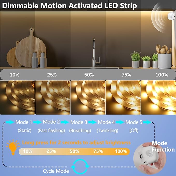 Motion Sensor Light Indoor Under Bed Lights, 16.4Ft Dimmable Motion Activated LED Strip Lights for Bedroom, Warm White USB Under Cabinet Lights Motion Sensor LED Strip for Kitchen Stair Closet