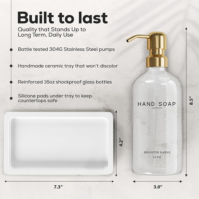 Luxury Glass Soap Dispenser Bathroom Set by Brighter Barns - Refillable Liquid Hand Soap and Lotion Dispenser Set with Tray and Pump - Gold Bathroom Decor for Guest House, Modern Airbnb (Clear/Gold)