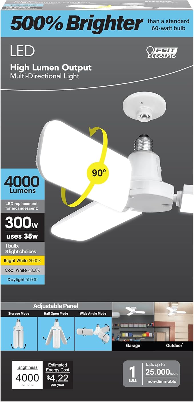 Feit Electric LED Garage Light, Multiple Adjustable Panels, E26 Base, Ideal for Garage, Workshop, Shed, 25,000-Hour Lifetime