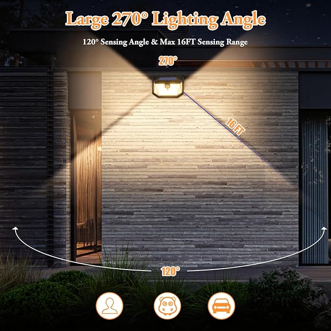 2-Pack Solar Outdoor Lights, Super Bright Solar Powered Motion Sensor Outdoor Lights, Warm White, 178s LED Outside Security Wall Lights for House, Porch, Fence