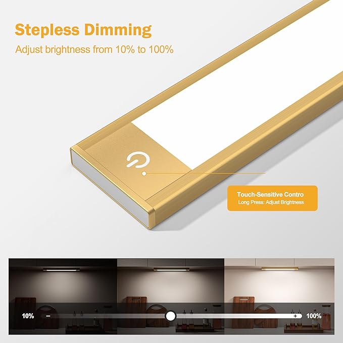 V4light Rechargeable Motion Sensor Under Cabinet Light, Magnetic LED Bar with 1500mAh, Gold Aluminum Accent Lighting, Dimmable 3 Color Temperatures for Kitchen Cabinets, Shelves & Closets (9 in)