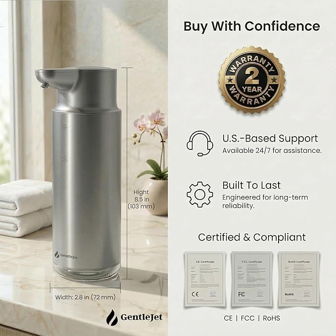 GentleJet CrystalJet Automatic Liquid Soap Dispenser Touchless Sensor, Stainless Steel, USB-C Rechargeable, Waterproof Kitchen & Bathroom Countertop Soap Dispenser, 300 ml