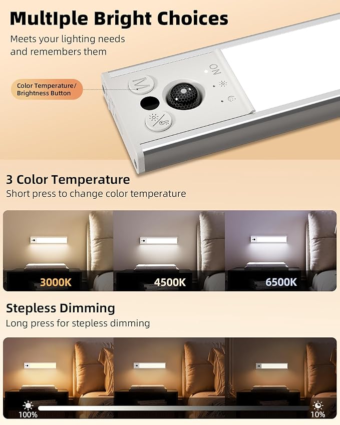 EZVALO 10inch Under Cabinet Lighting, Rechargeable Motion Sensor Light Indoor with 3 Color Temperatures, Dimmable & Magnetic Closet Lights, Wireless Under Counter Lights for Kitchen, Stairs (2 Pack)
