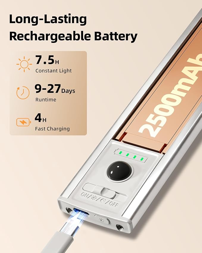 EZVALO 12inch Under Cabinet Lighting Wireless with Battery Indicator, 2500mAh Rechargeable Motion Sensor Light Indoor, 96 LED Under Counter Lights for Kitchen Closet, 3 Color Temps, Dimmable, 3 Pack