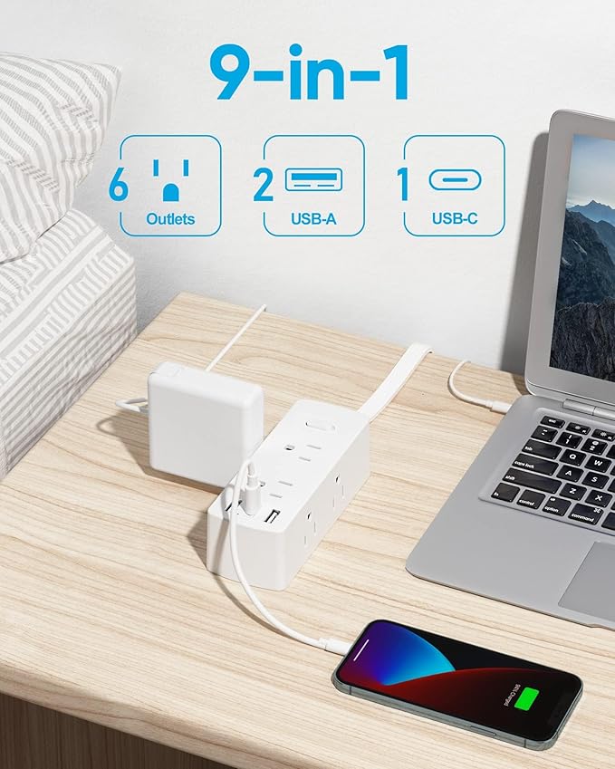 Yozisital Flat Plug Power Strip with 5 FT Extension Cord, 6 Outlets 3 USB Ports(1 USB C), 3 Sided Outlet Extender for Home Office Travel Dorm Room Essentials, White