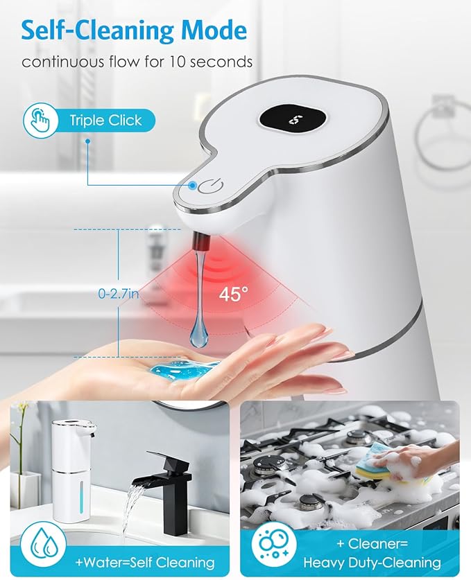 2PCS Automatic Liquid Soap Dispenser, Touchless Soap Dispenser Digital Display, Rechargeable, 6 Adjustable, 12.8oz/380ml, Waterproof, Wall Mount, Countertop for Bathroom, Kitchen Dish Soap