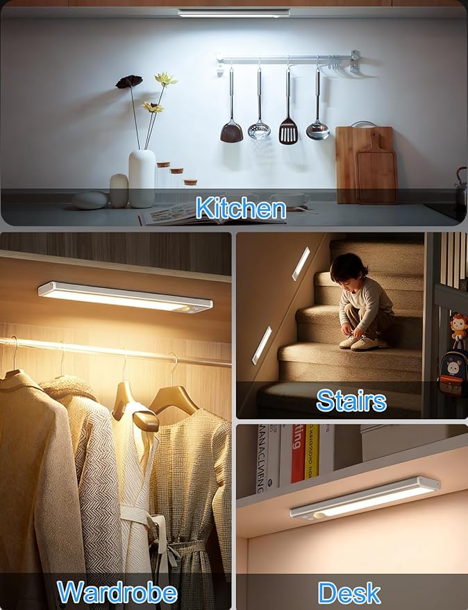 2000mAh Rechargeable Motion Sensor Light Indoor, Under Cabinet Lighting with Charging Station, 3 Color Tempers Dimmable Closet Lights Wireless, Magnetic Under Cabinet Lights for Kitchen, 6-Pack