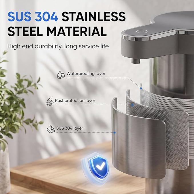 Touchless Automatic Soap Dispenser, No-Drip Pump, 0.2s Fast Sensor, USB-C Rechargeable, BPA-Free Bottle, Smudge-Resistant Stainless Steel for Kitchen & Bathroom, 10.1oz/300ml, IPX5 Water-Resistant