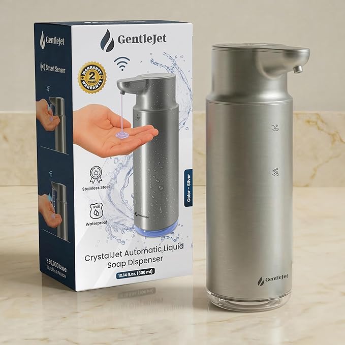 GentleJet CrystalJet Automatic Liquid Soap Dispenser Touchless Sensor, Stainless Steel, USB-C Rechargeable, Waterproof Kitchen & Bathroom Countertop Soap Dispenser, 300 ml
