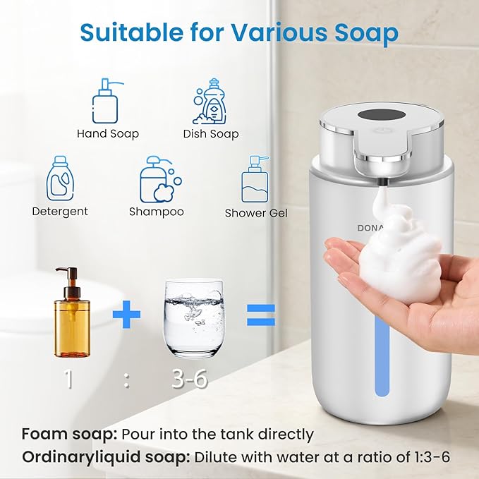 Automatic Foaming Soap Dispenser Touchless, 15oz/420ml USB-C Rechargeable Hand Soap Dispenser, 6-Level Adjustable Foam, IPX5 Waterproof, Wall Mount or Countertop for Bathroom Kitchen, Silver