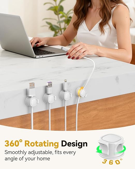 6Pack Rotatable Cord Organizer, INCHOR Cable Organizer, Spring Cable Clips With Clasp Lock, Smooth Adjustable Cord Holder for Nightstand Car Home Office (White)