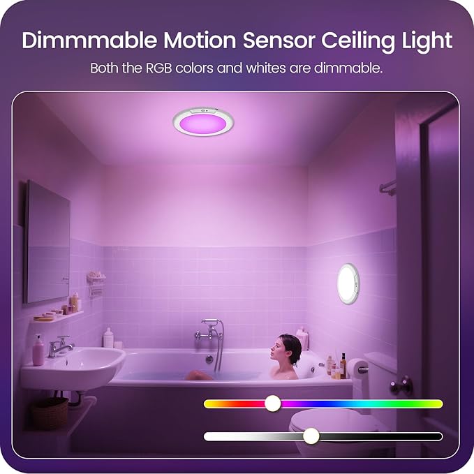 2 Pack Motion Sensor Rechargeable Shower Lights with Remote, RGBW Battery Operated Ceiling Light, Wireless, Color Changing, Warm-to-Cool Whites, Dimmable, Timer, Magnetic for Bathroom Closet Porch